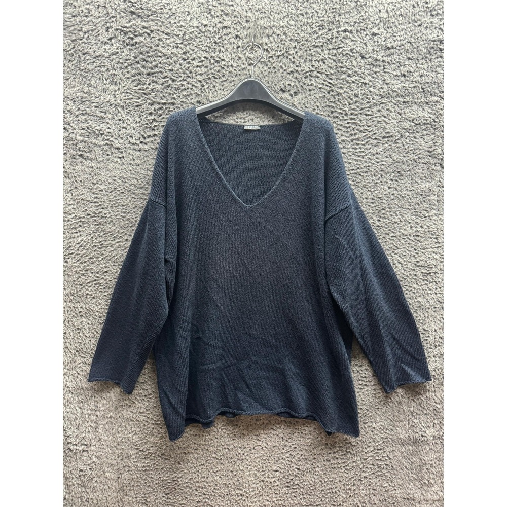 Industria Italian Cotton Oversized V-Neck Pullover Jumper Navy Unisex‎ M/L